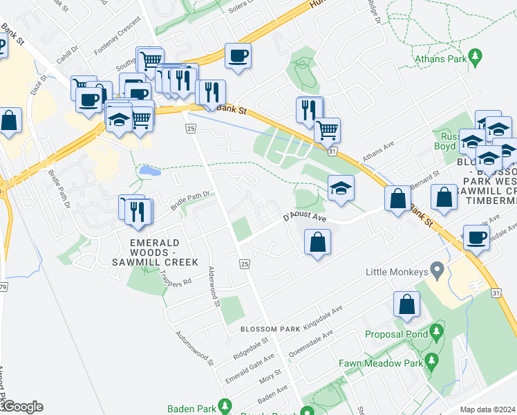 map of restaurants, bars, coffee shops, grocery stores, and more near 3691 Albion Road South in Ottawa