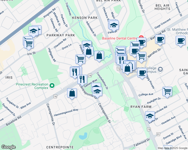 map of restaurants, bars, coffee shops, grocery stores, and more near 2081 Baseline Road in Ottawa