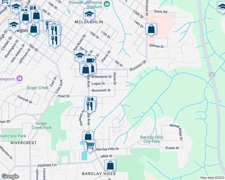 map of restaurants, bars, coffee shops, grocery stores, and more near 526 Roosevelt Street in Oregon City