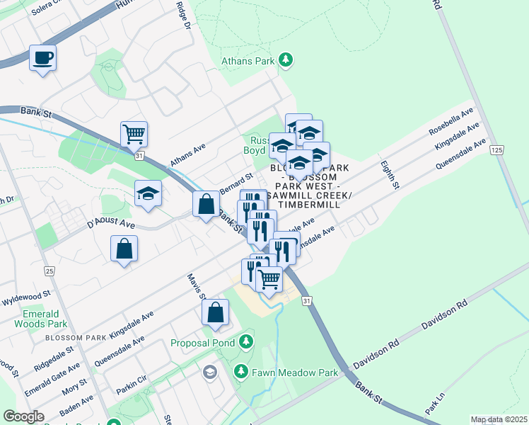 map of restaurants, bars, coffee shops, grocery stores, and more near 1703 Rosebella Avenue in Ottawa