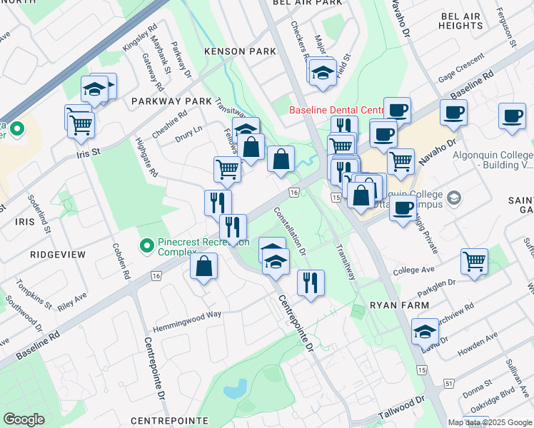 map of restaurants, bars, coffee shops, grocery stores, and more near 2081 Baseline Road in Ottawa