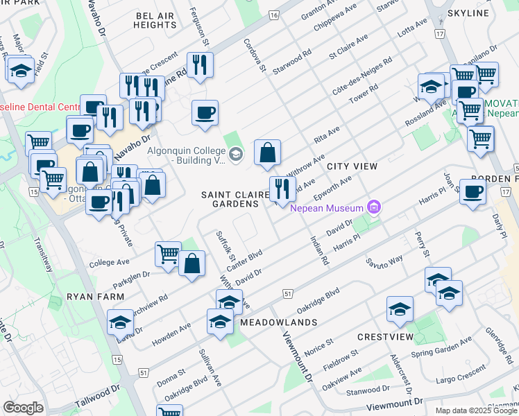 map of restaurants, bars, coffee shops, grocery stores, and more near 8 Lentini Way in Ottawa