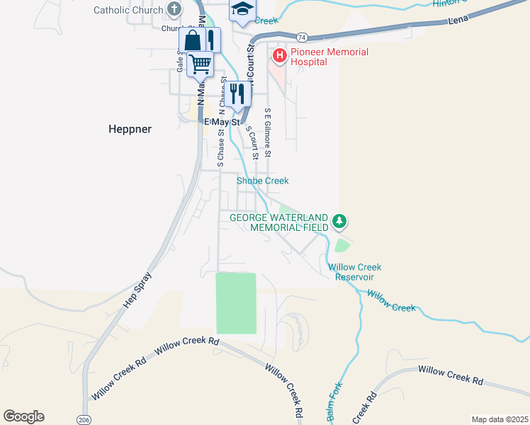 map of restaurants, bars, coffee shops, grocery stores, and more near 415 Cowins Street in Heppner