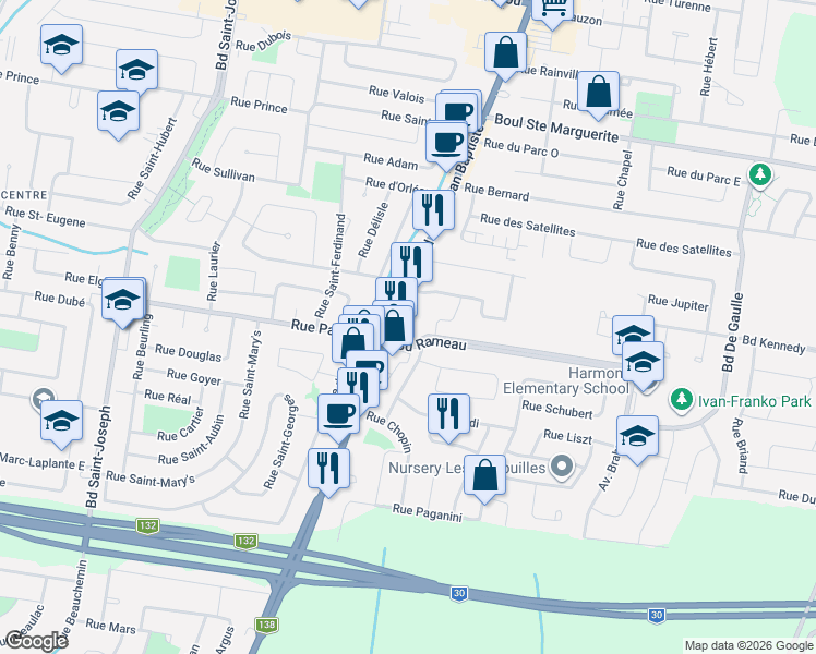 map of restaurants, bars, coffee shops, grocery stores, and more near 220 Boulevard Saint-Jean-Baptiste in Châteauguay