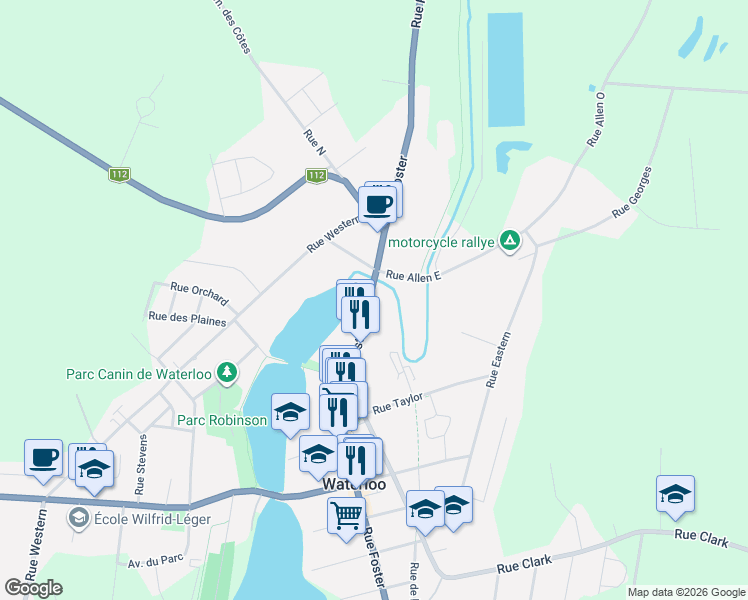 map of restaurants, bars, coffee shops, grocery stores, and more near 6034 Rue Foster in Waterloo