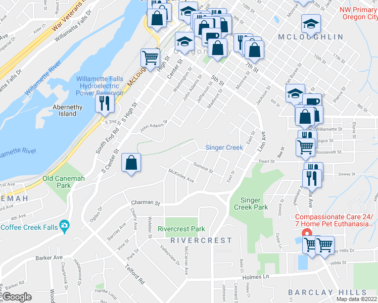 map of restaurants, bars, coffee shops, grocery stores, and more near 921 Brighton Avenue in Oregon City