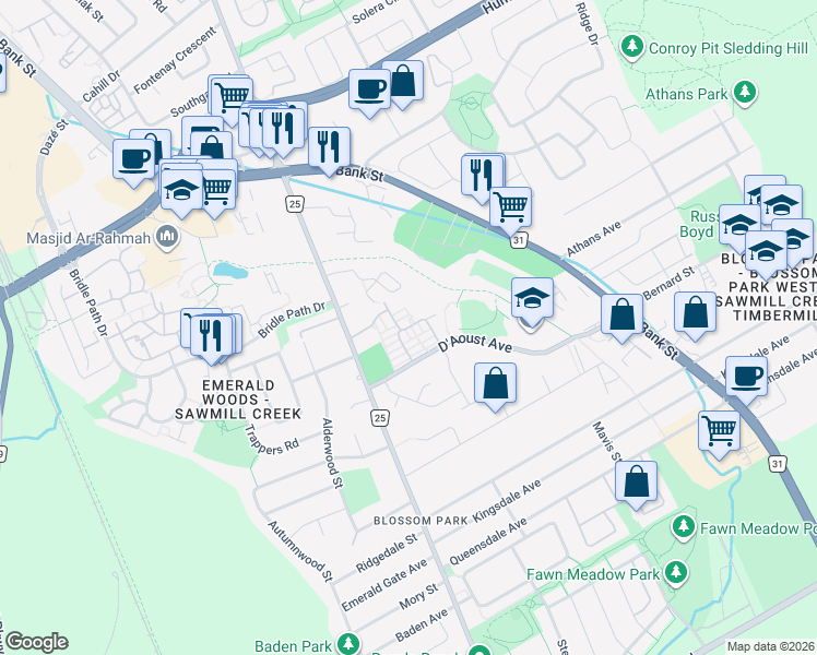 map of restaurants, bars, coffee shops, grocery stores, and more near in Ottawa