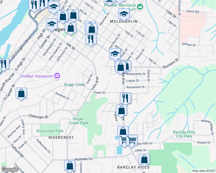 map of restaurants, bars, coffee shops, grocery stores, and more near 235 Pearl Street in Oregon City