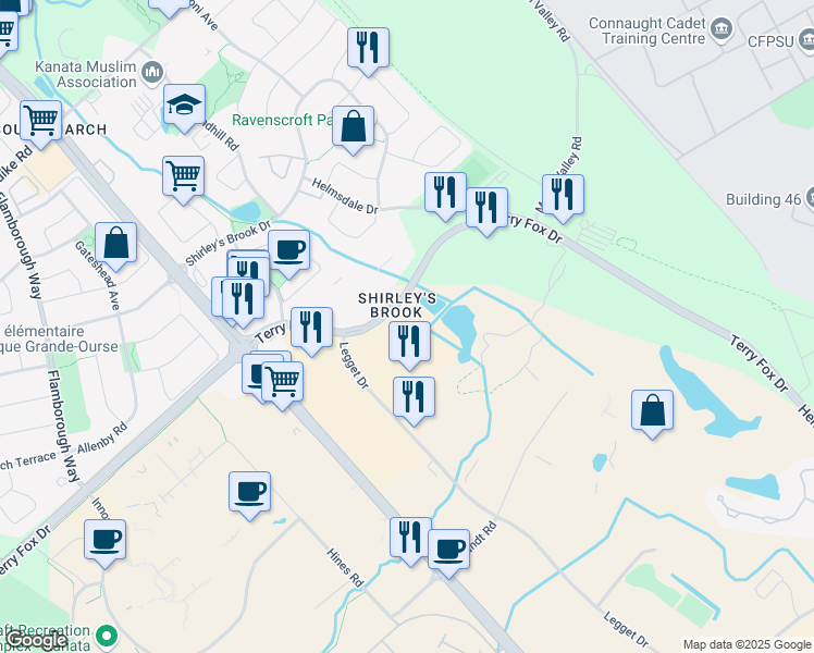 map of restaurants, bars, coffee shops, grocery stores, and more near 359 Terry Fox Drive in Ottawa