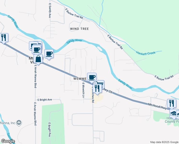 map of restaurants, bars, coffee shops, grocery stores, and more near 23995 East Farragut Street in Mount Hood Village