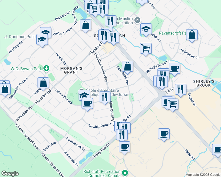 map of restaurants, bars, coffee shops, grocery stores, and more near 108 Flamborough Way in Ottawa