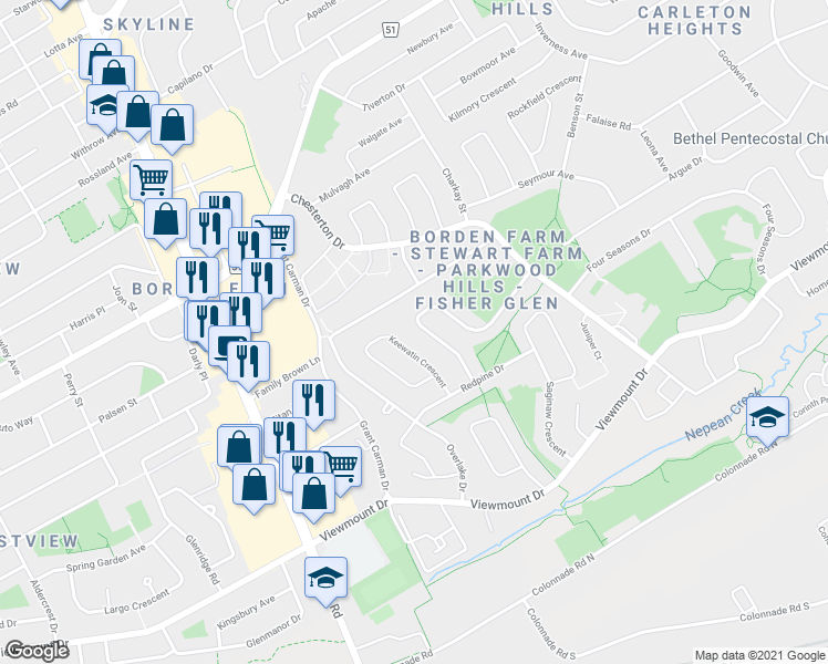 map of restaurants, bars, coffee shops, grocery stores, and more near in Ottawa