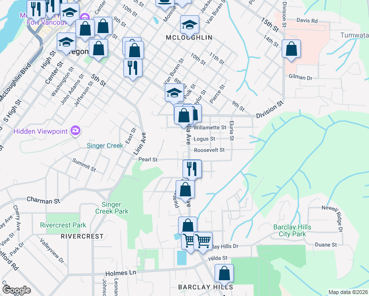 map of restaurants, bars, coffee shops, grocery stores, and more near 166 Molalla Avenue in Oregon City