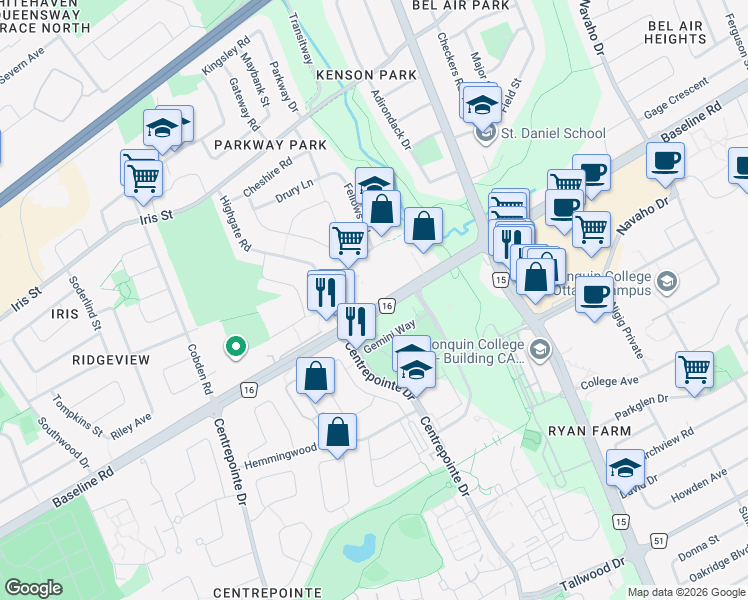 map of restaurants, bars, coffee shops, grocery stores, and more near 2109 Ottawa Regional Road 16 in Ottawa