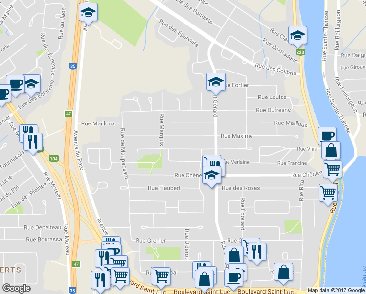 map of restaurants, bars, coffee shops, grocery stores, and more near 119 Rue de Musset in Saint-Jean-sur-Richelieu
