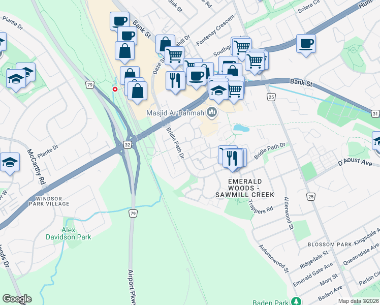 map of restaurants, bars, coffee shops, grocery stores, and more near 2776 Equus Way in Ottawa