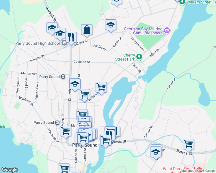 map of restaurants, bars, coffee shops, grocery stores, and more near 35 William Street in Parry Sound
