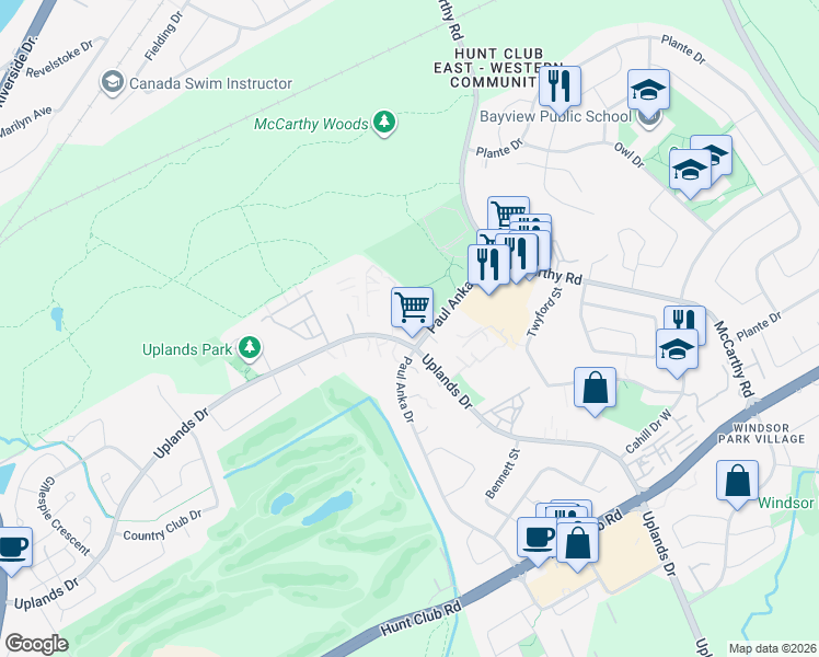 map of restaurants, bars, coffee shops, grocery stores, and more near 3360 Paul Anka Drive in Ottawa