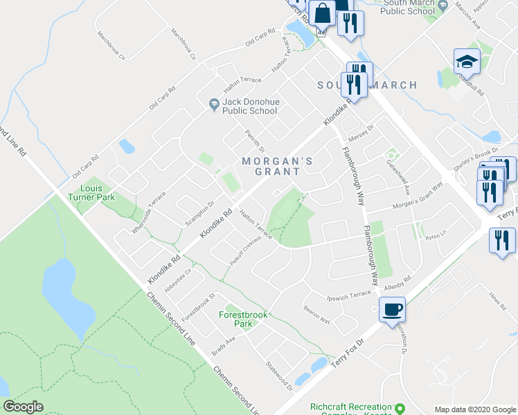map of restaurants, bars, coffee shops, grocery stores, and more near 39 Wimbledon Way in Ottawa