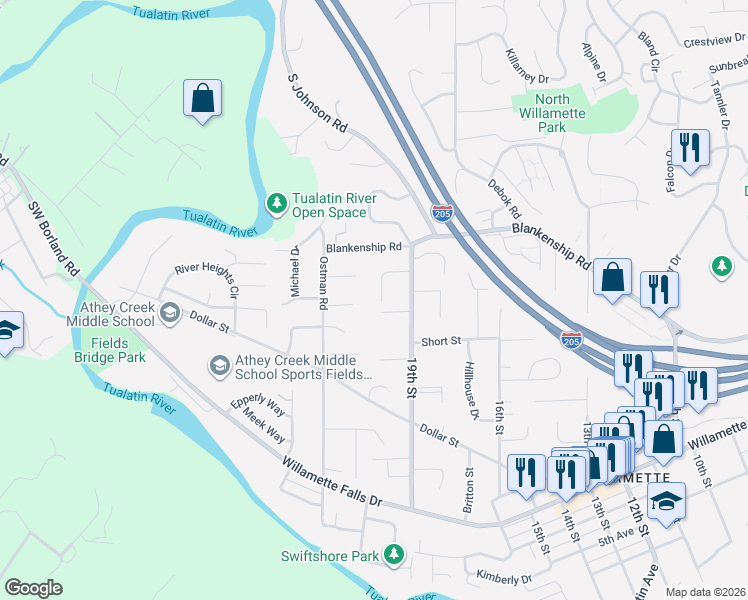 map of restaurants, bars, coffee shops, grocery stores, and more near 1220 Farrview Court in West Linn