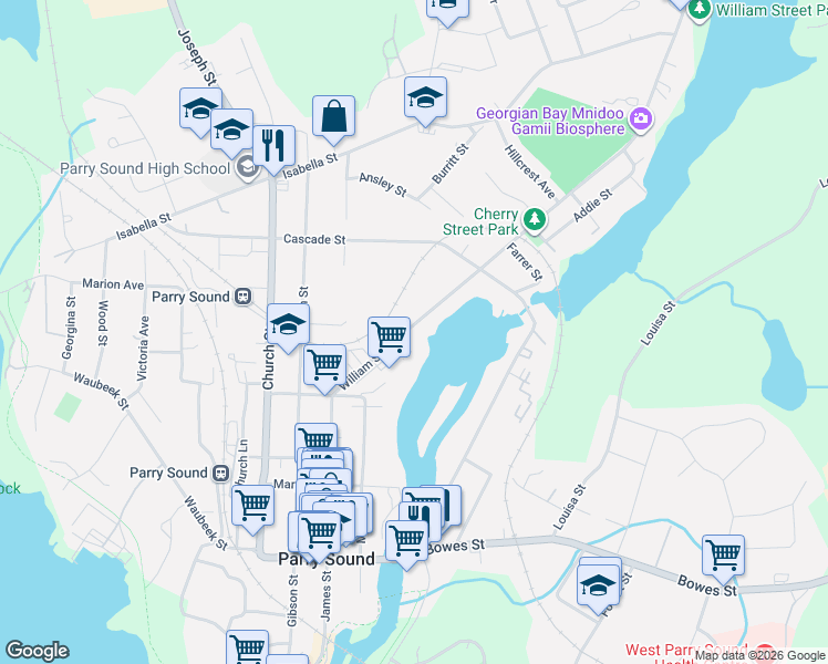 map of restaurants, bars, coffee shops, grocery stores, and more near 29 William Street in Parry Sound