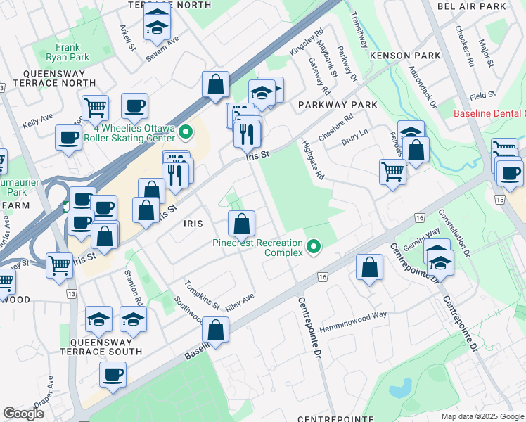 map of restaurants, bars, coffee shops, grocery stores, and more near 2286 Badger Crescent in Ottawa