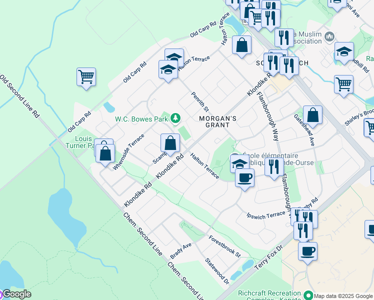 map of restaurants, bars, coffee shops, grocery stores, and more near 1219 Klondike Rd in Ottawa