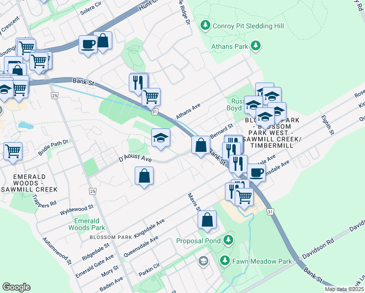 map of restaurants, bars, coffee shops, grocery stores, and more near 1589 Saint Bernard Street in Ottawa