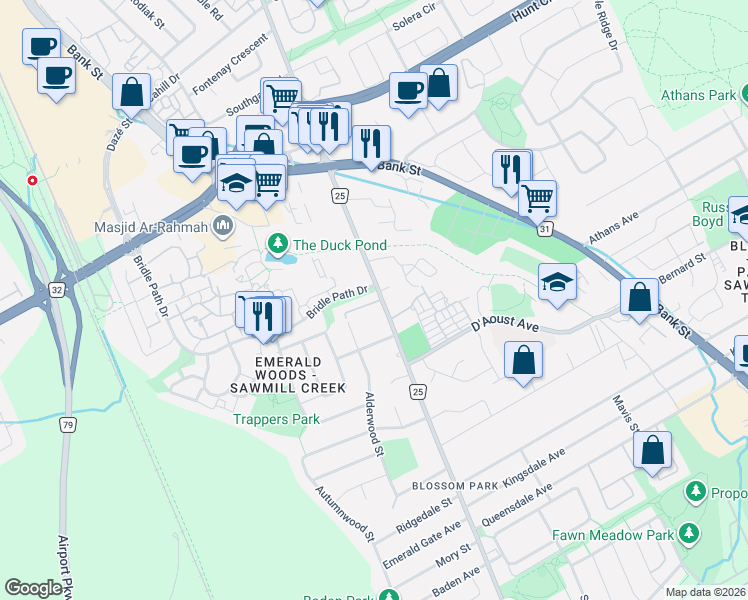 map of restaurants, bars, coffee shops, grocery stores, and more near in Ottawa