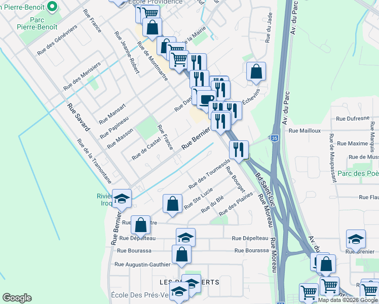 map of restaurants, bars, coffee shops, grocery stores, and more near 1471 Rue Bernier in Saint-Jean-sur-Richelieu