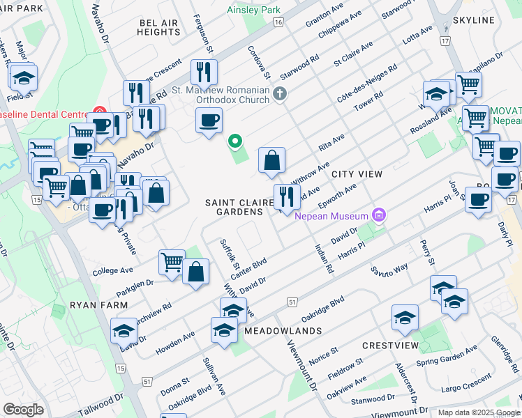 map of restaurants, bars, coffee shops, grocery stores, and more near 4 Lentini Way in Ottawa