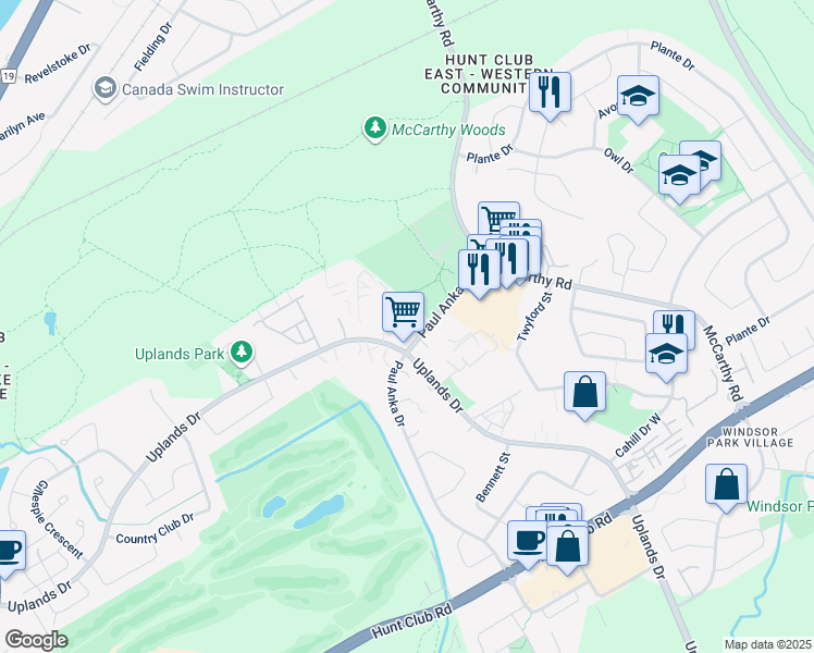 map of restaurants, bars, coffee shops, grocery stores, and more near 3360 Paul Anka Drive in Ottawa