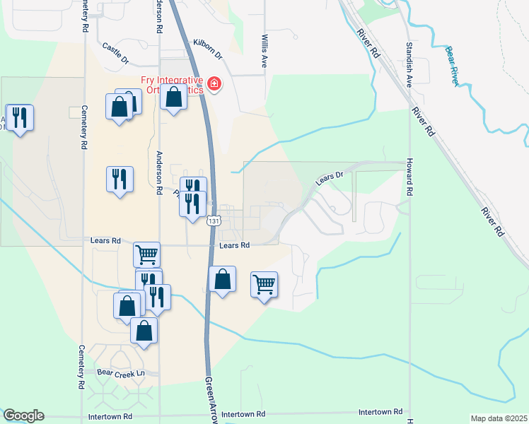 map of restaurants, bars, coffee shops, grocery stores, and more near 1899 Migizi Way in Petoskey