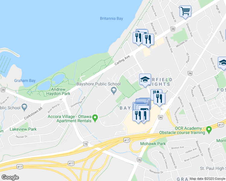 map of restaurants, bars, coffee shops, grocery stores, and more near 98 Woodridge Crescent in Ottawa