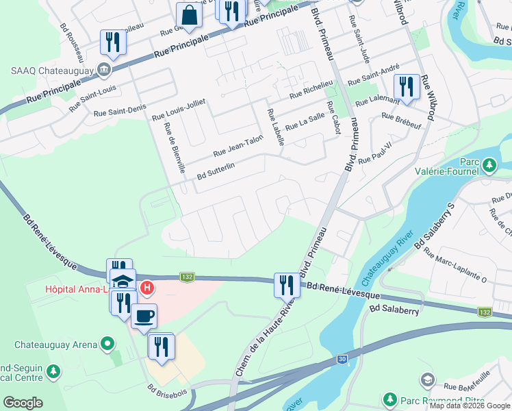 map of restaurants, bars, coffee shops, grocery stores, and more near 156 Rue Auger in Châteauguay