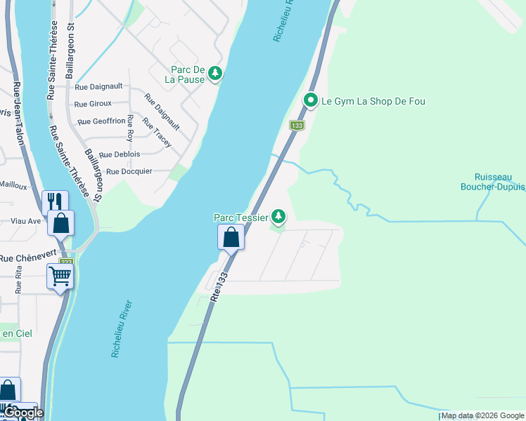 map of restaurants, bars, coffee shops, grocery stores, and more near 388 Chemin des Patriotes Est in Saint-Jean-sur-Richelieu