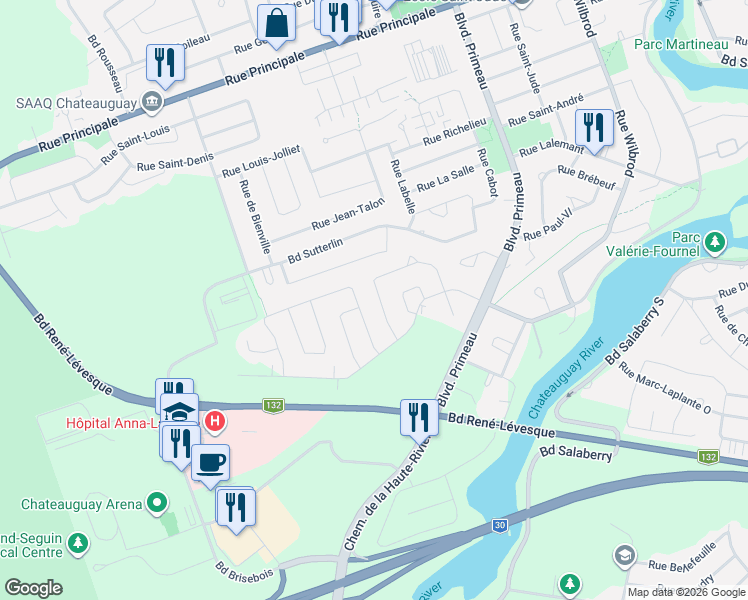 map of restaurants, bars, coffee shops, grocery stores, and more near 156 Rue Auger in Châteauguay