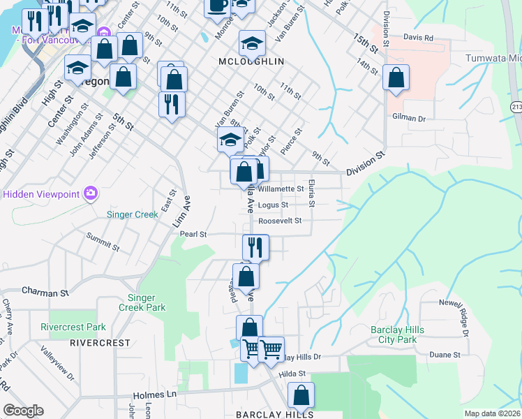 map of restaurants, bars, coffee shops, grocery stores, and more near 408 Logus Street in Oregon City