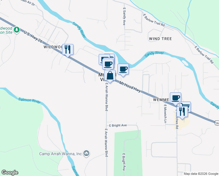 map of restaurants, bars, coffee shops, grocery stores, and more near 24050 East Arrah Wanna Boulevard in Mount Hood Village
