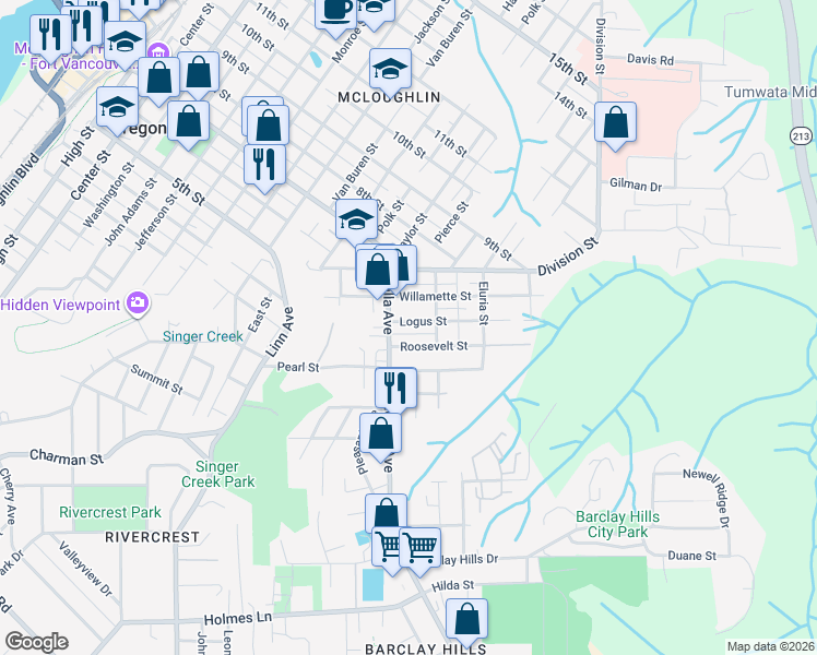 map of restaurants, bars, coffee shops, grocery stores, and more near 410 Logus Street in Oregon City