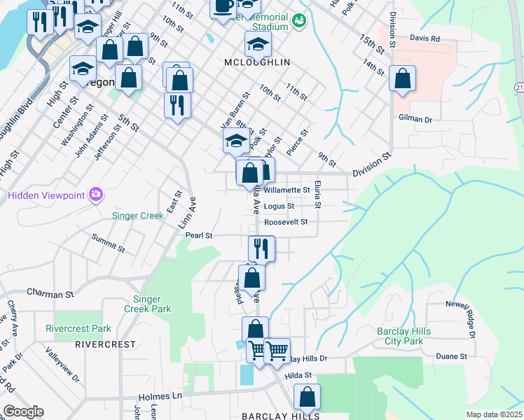 map of restaurants, bars, coffee shops, grocery stores, and more near 211 Molalla Avenue in Oregon City
