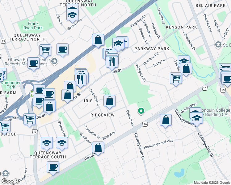 map of restaurants, bars, coffee shops, grocery stores, and more near 2350 Badger Crescent in Ottawa