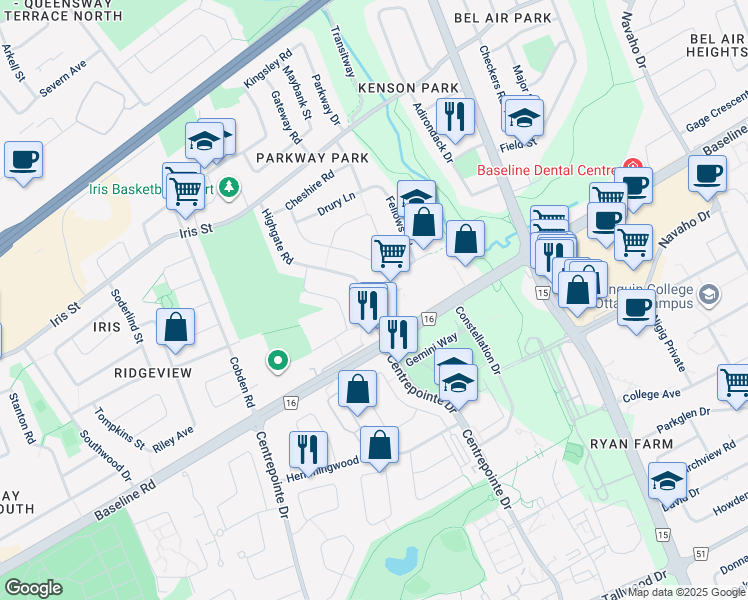 map of restaurants, bars, coffee shops, grocery stores, and more near 2136 Westbury Road in Ottawa