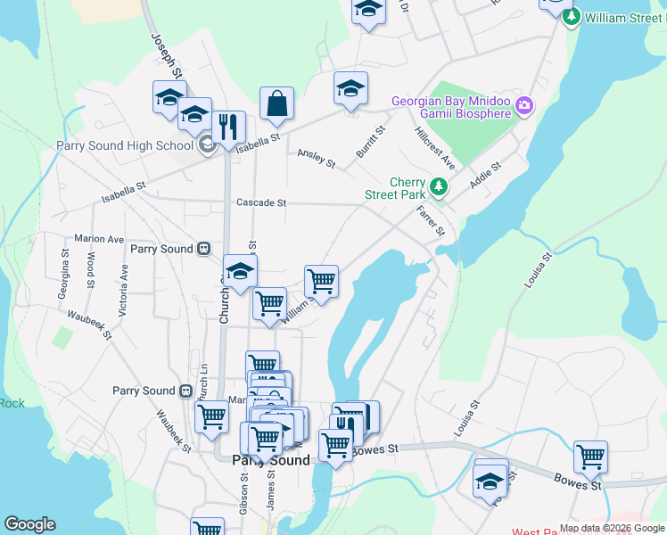 map of restaurants, bars, coffee shops, grocery stores, and more near 44 William Street in Parry Sound