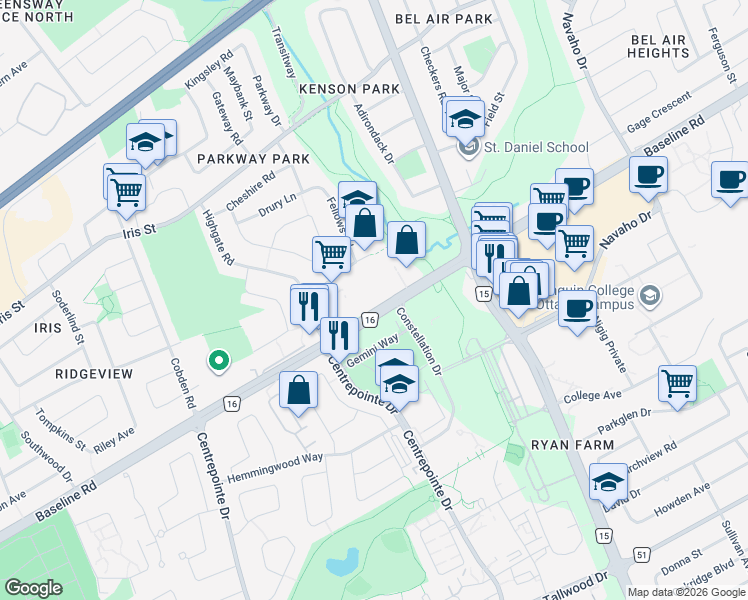 map of restaurants, bars, coffee shops, grocery stores, and more near 2087 Baseline Road in Ottawa