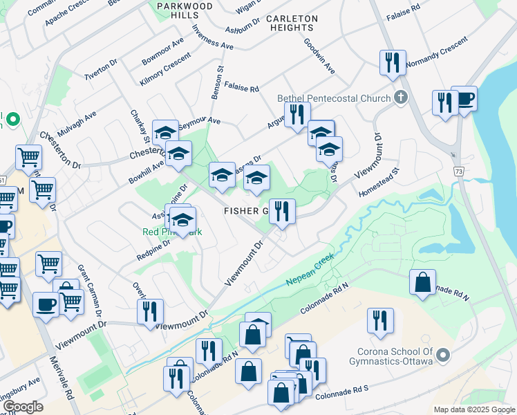 map of restaurants, bars, coffee shops, grocery stores, and more near 159 Chesterton Drive in Ottawa