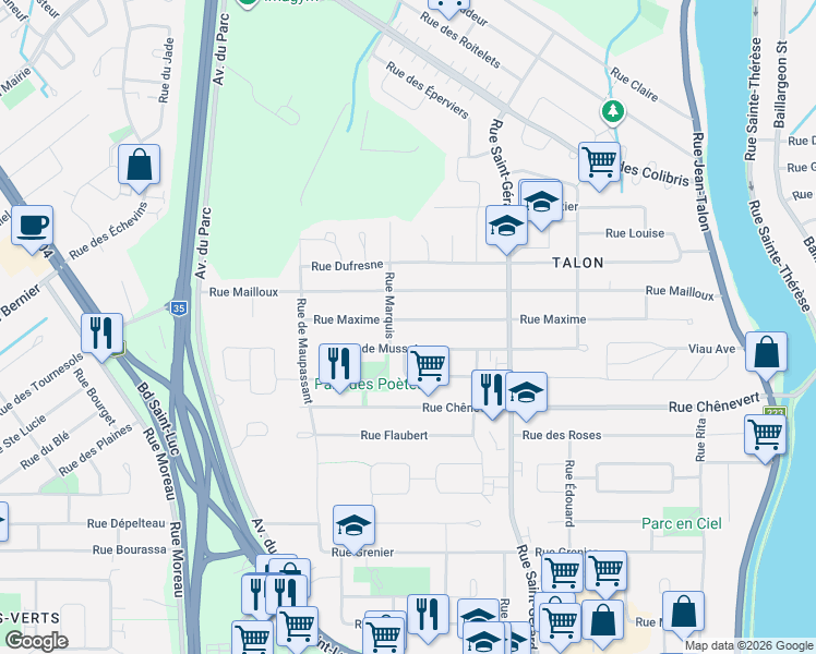map of restaurants, bars, coffee shops, grocery stores, and more near 140 Rue Maxime in Saint-Jean-sur-Richelieu