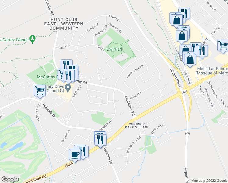 map of restaurants, bars, coffee shops, grocery stores, and more near Cahill Drive West in Ottawa