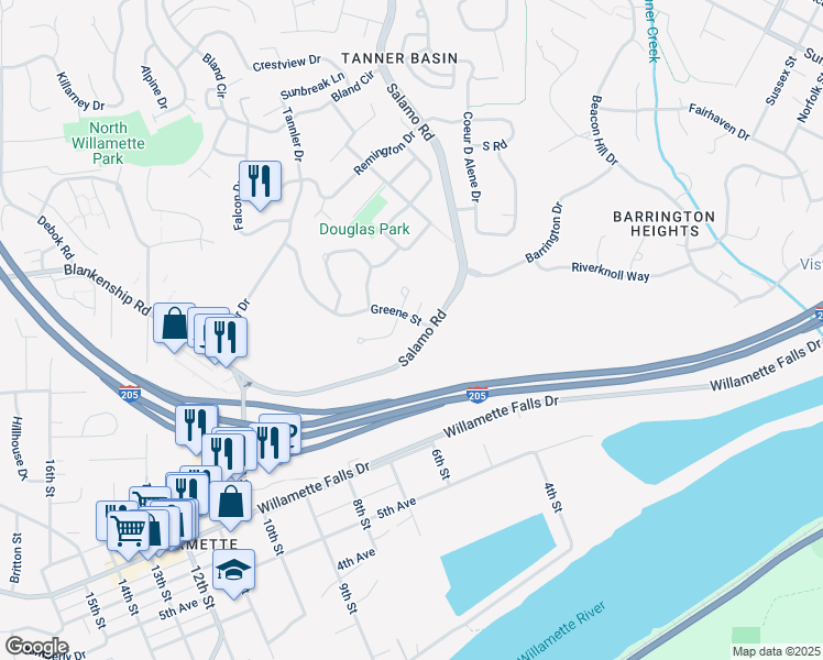 map of restaurants, bars, coffee shops, grocery stores, and more near 1804 Hall Court in West Linn