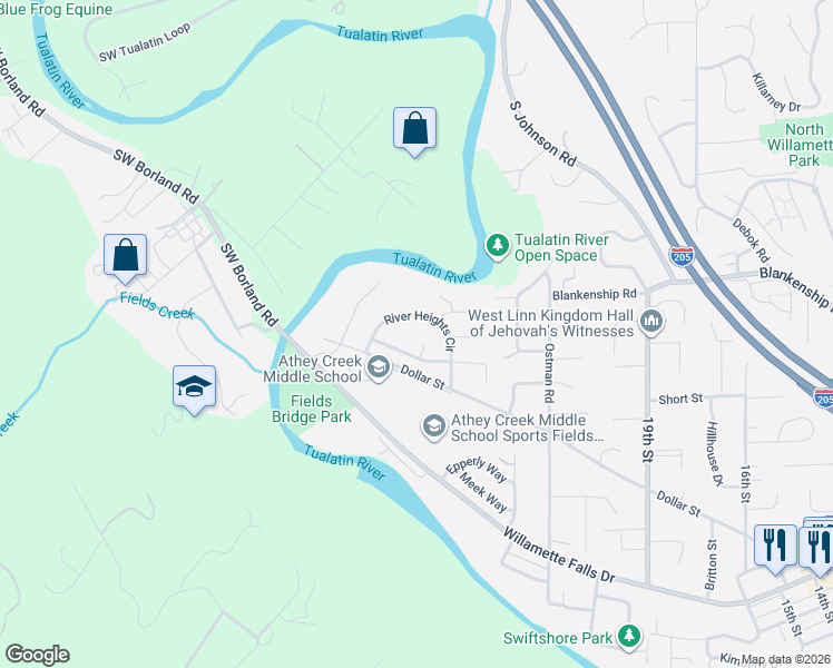 map of restaurants, bars, coffee shops, grocery stores, and more near 2165 River Heights Circle in West Linn